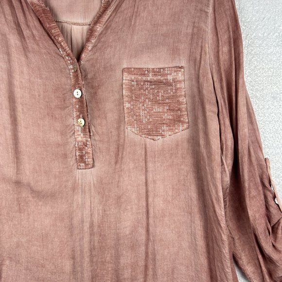Hi-Lo Blouse Women Size Medium V-Neck Roll Up Sleeves Italy Flowy‎ Sequins Pink - Picture 9 of 16